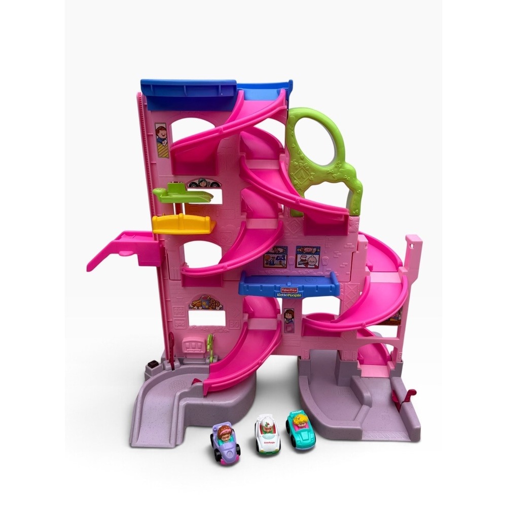 Fisher Price 2009 Little People Wheelies Stand 'n Play Rampway Pink 3 Race Cars